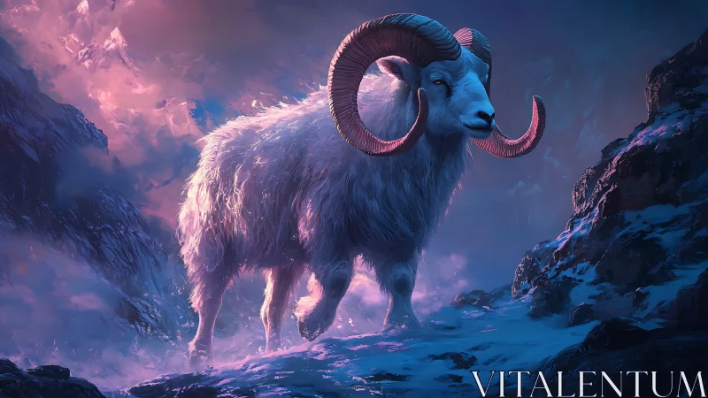 Glowing ram among ethereal mountains in neon dusk storm.