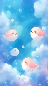 Celestial Bird Composition: Four Pink and White Avians Suspended in Ethereal Cloudscape
