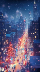 Snowy city avenue glows with dense holiday traffic and lights