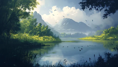 Luminous mountain lake landscape with verdant forest canopy.