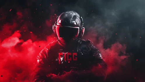 Armored futuristic soldier emerges through red smoke.