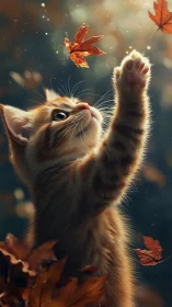 An Orange Cat Leaps for Dancing Autumn Leaves.