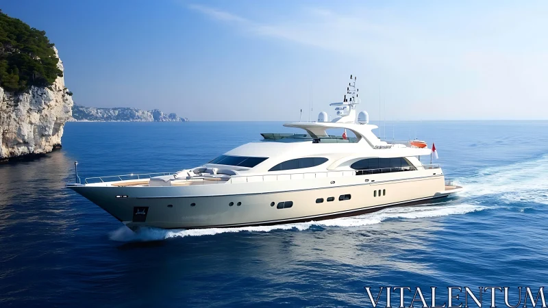 Luxury motor yacht cruising along Mediterranean coastline.