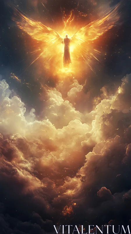 Radiant seraph ascends above stormlit celestial clouds.