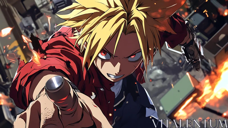 Blond anime fighter descending toward viewer over cityscape.