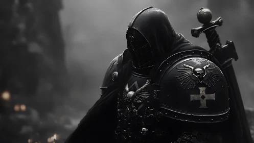 Brooding armored knight stands quietly in a foggy battlefield