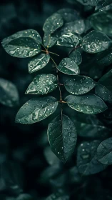 Wet green leaves in closeup against dark blurred foliage.