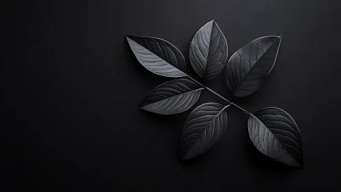 Monochrome leaf branch on smooth dark background surface.