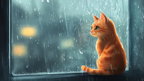 Rainlit ginger dreamer studies the storm beyond glass