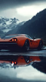Red sports car on wet alpine road during rainfall.