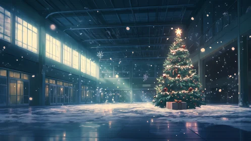 Christmas tree stands lit inside a large snowy atrium