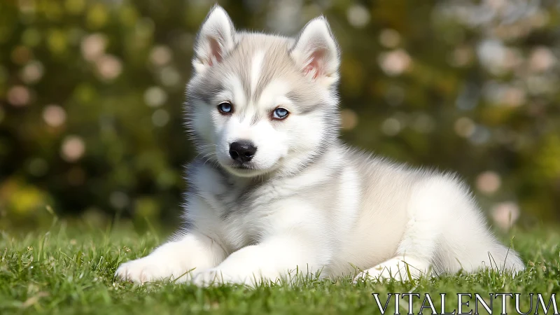 Garden-cloud husky pup lounging under soft spring light.