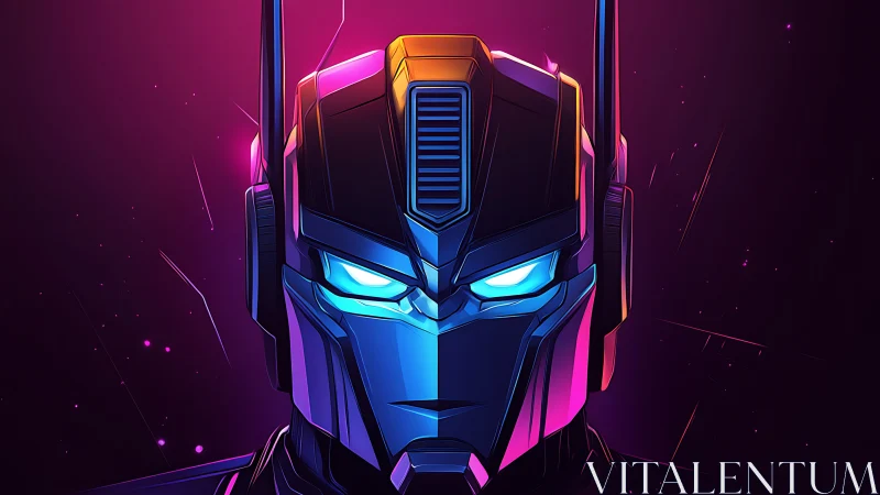 Neon robot guardian bathed in bold cosmic glow.