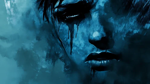 Midnight tears dissolve a haunted face in frozen blue mist.