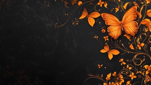 Ornate metallic orange butterflies on dark textured ground.