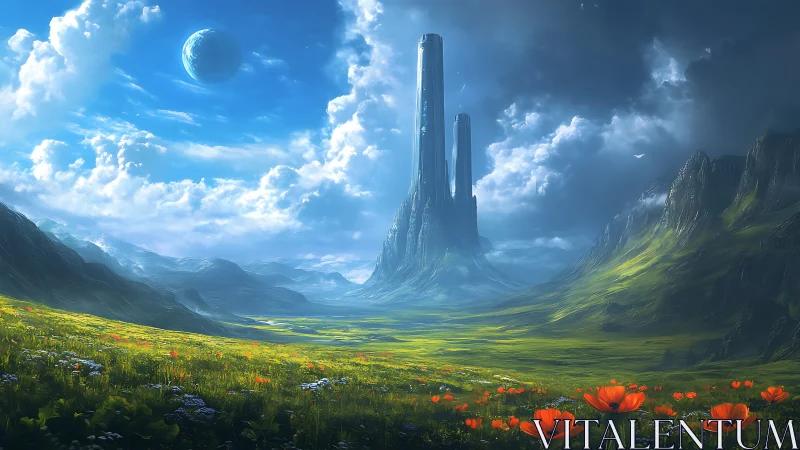 Futuristic towers rise above alien meadows under twin skies
