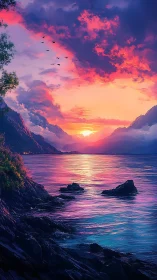 Mountain lake shoreline under vivid multicolor sunset sky.