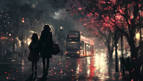 Parent and child at dusk near double decker bus and blossoms