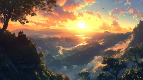 Sunlit river valley unfolds beneath distant mountain city