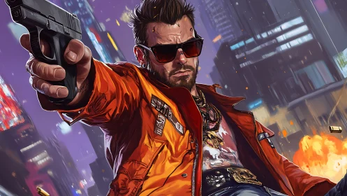 Cyberpunk gunman portrait in dynamic urban perspective painting.