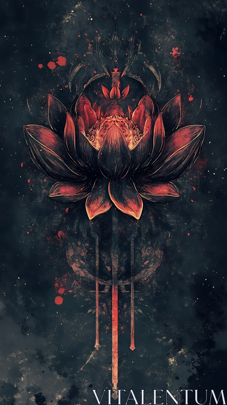 Symmetrical crimson lotus with swords on grunge textured void