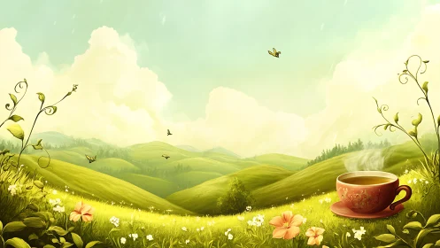 Sunlit tea cup rests in dreamy rolling green meadows.