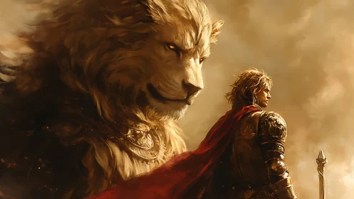 Noble lion guardian watches over a golden armored warrior