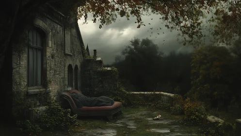 Quiet gothic terrace where stormy skies cradle a dreamer.