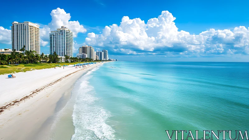 Sunlit high-rises courting a turquoise, cloud-draped shoreline.