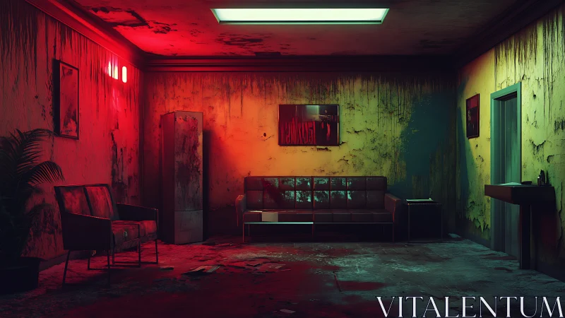 Moody neon lounge glows in a decayed, abandoned waiting room