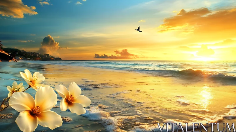 Sunlit shore blooms and soaring bird in molten gold dusk.