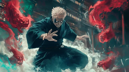 White haired sorcerer summoning red spirit beasts in mist.