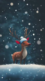 Stylized reindeer stands in snowfall on a softly lit ridge