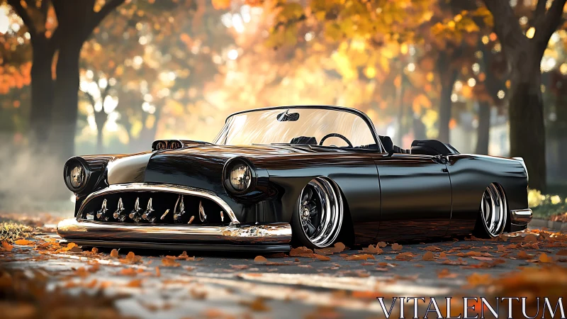 Lowrider autumn dream cruises through a tunnel of ember leaves