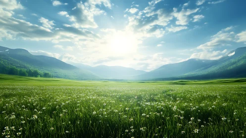 High-dynamic meadow panorama under backlit alpine sunfield.