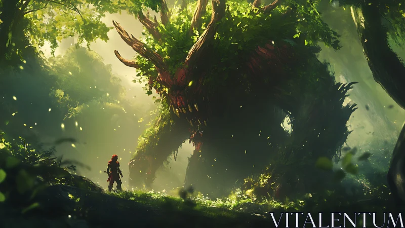 Forest giant stares down ember-cloaked wanderer at dawn.