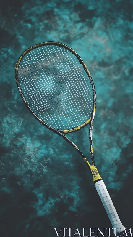 Tennis racket floats like moonlit metal over teal depths