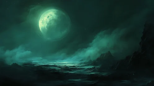 Emerald moonlit alien seascape with misted jagged cliffs.