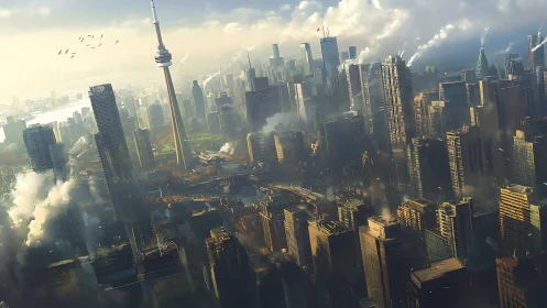 Futuristic skyline tilts over smog-filled sprawling metropolis.