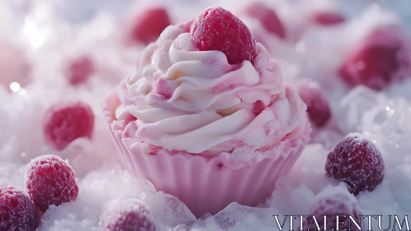 Frozen raspberry cupcake rests in shallow icy surroundings.