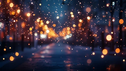 Winter city street with glowing bokeh lights at night.
