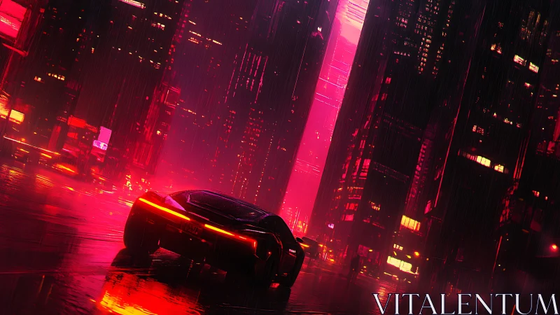 Futuristic sports car cuts through neon city rain at dusk