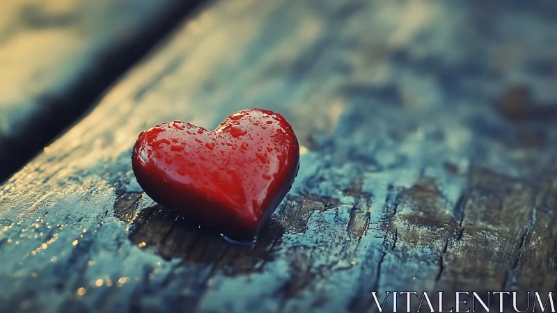 Red heart glistens on weathered wooden surface.