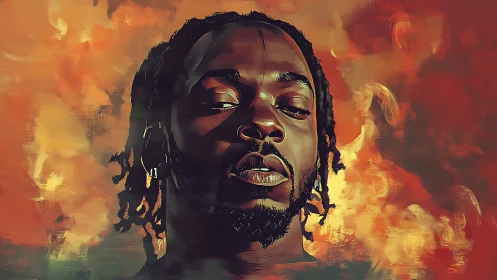 Portrait of man in fiery abstract background glows softly