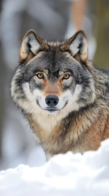 Winter wolf gazing softly through quiet falling snow.