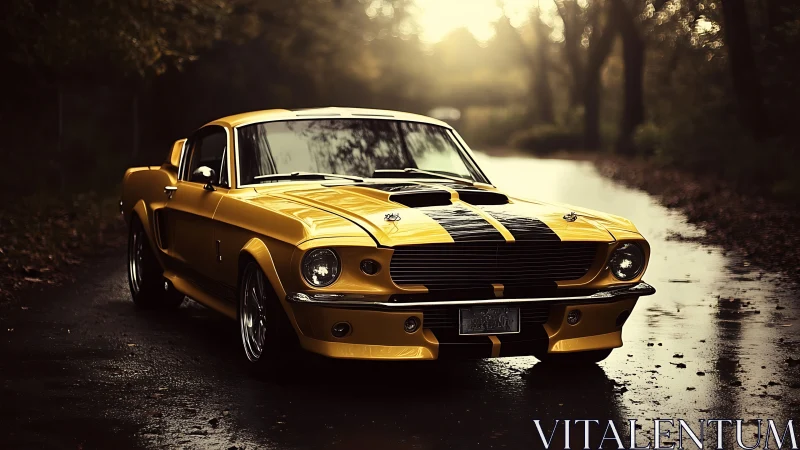 Yellow classic muscle car on wet forest road at dusk.