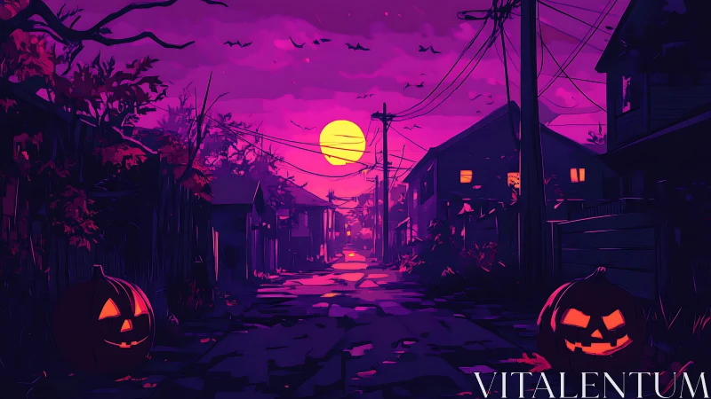 Halloween alley glows under neon magenta twilight sky.