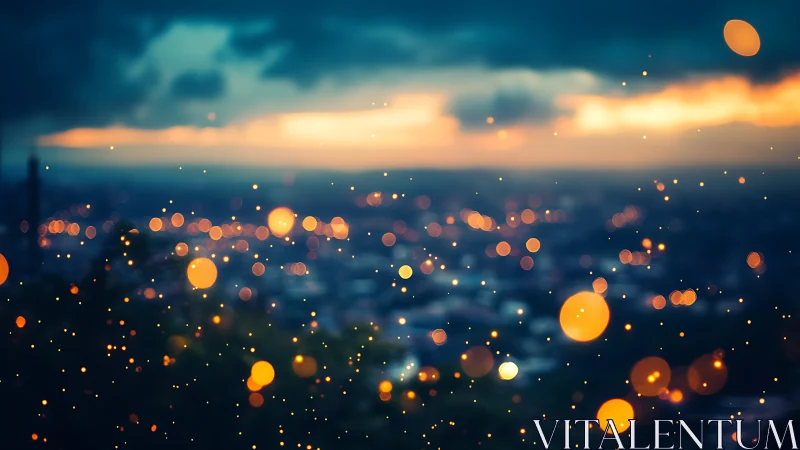 Defocused cityscape with dispersed warm bokeh lights at dusk.