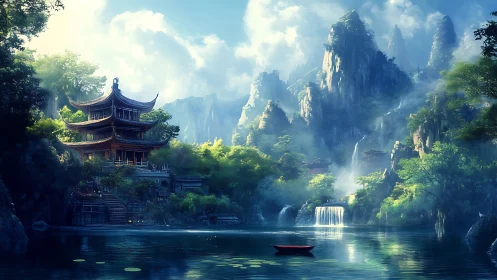 Misty mountain pagoda overlooks tranquil jade lake at dawn.