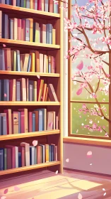 Sunlit Library Nook Where Cherry Blossoms Whisper Inward.